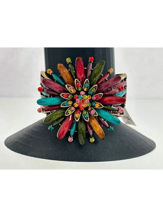 SDLZ Jewelry - Vintage SDLZ Colorful Rhinestone Flower Faceted Cuff Bracelet Gold-Tone Costume